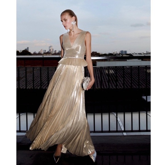 Self-Portrait Dresses & Skirts - Self-Portrait Gold Metallic Pleated Maxi Gown NWT 8 Wedding Guest Formal Dress